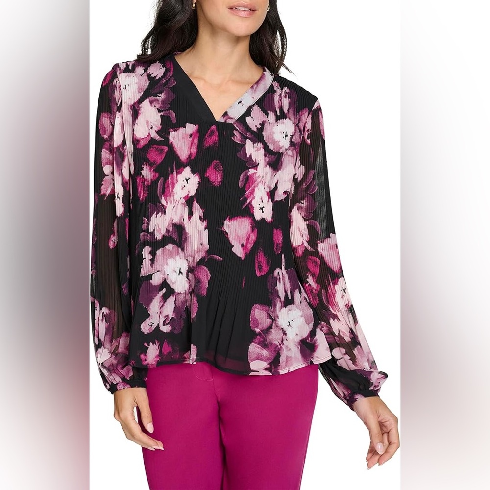 Calvin Klein Black Blouse with Pink Floral Print